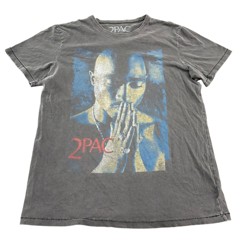 2Pac Tupac Shakur Graphic T-Shirt Gray Acid Wash Mens Medium Retro Distressed